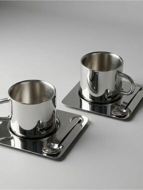 Love Ecru Venice Mirror Cup with Saucer and Spoon Stainless Steel set of 2 NEW